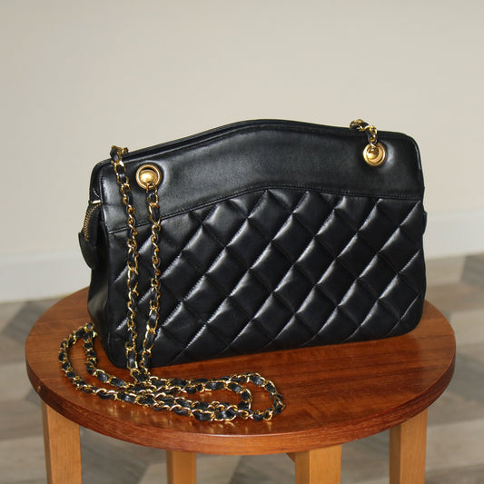 Chanel Vintage Black Lambskin Matelasse Diamond Quilted Shoulder Bag