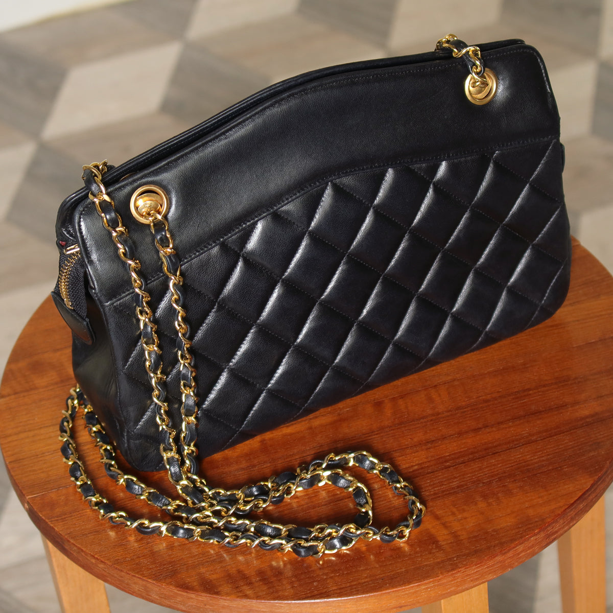 Chanel Vintage Black Lambskin Matelasse Diamond Quilted Shoulder Bag