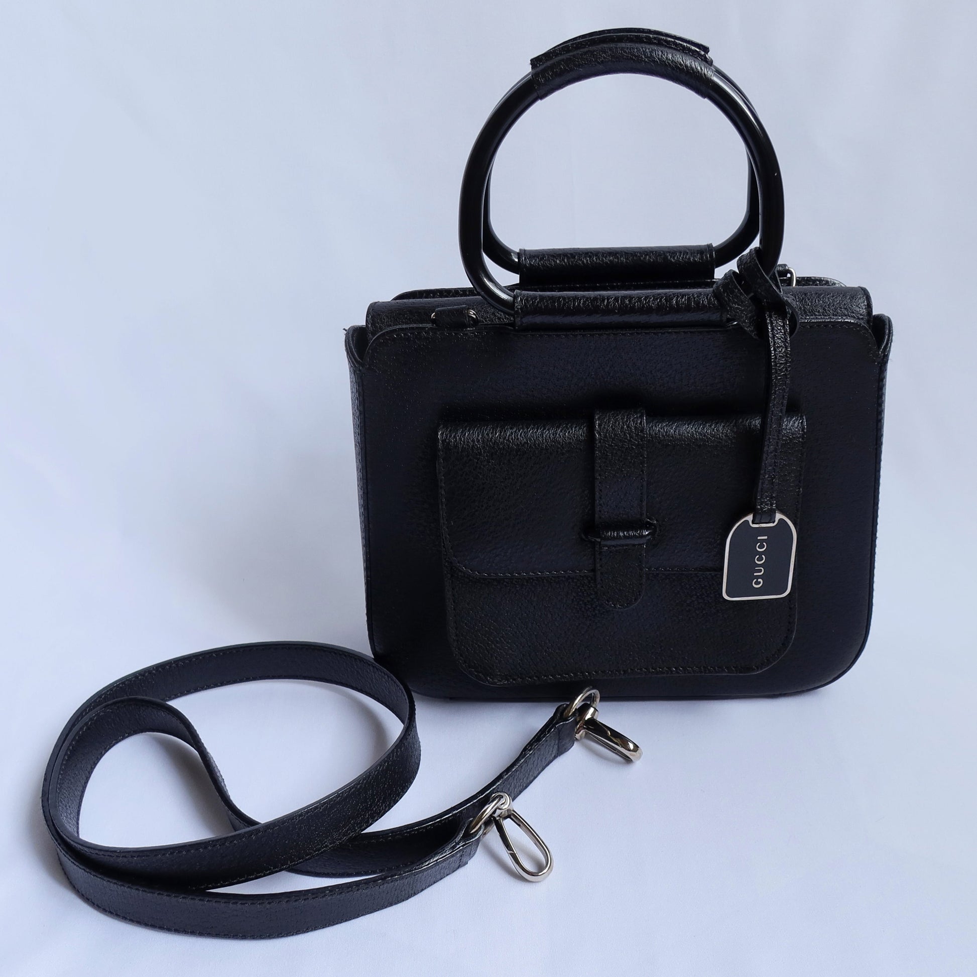 Gucci Vintage Black Leather Logo Charm 2-way bag