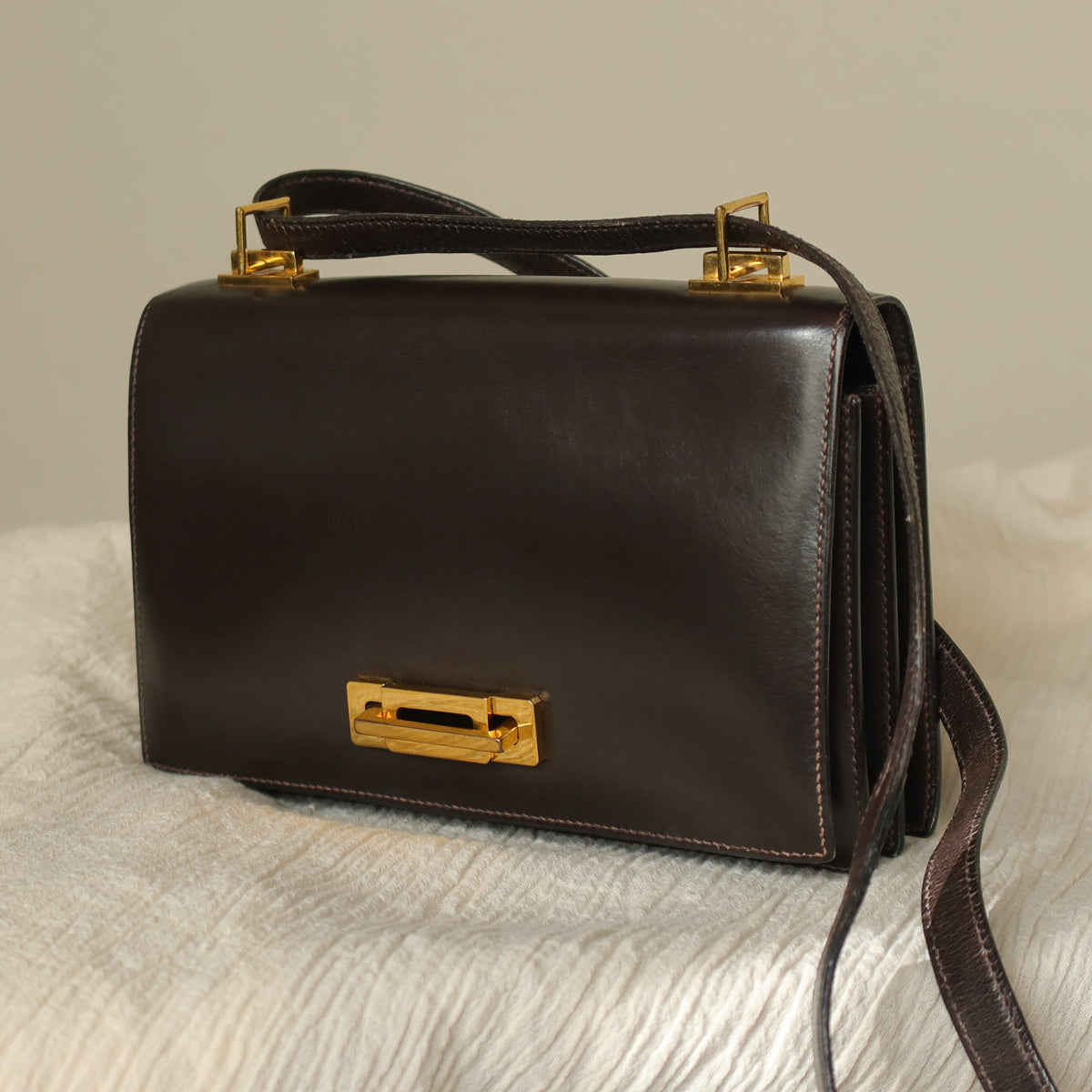 Vintage Hermès 1976 Quito II Brown Box Calf Leather 2way Bag