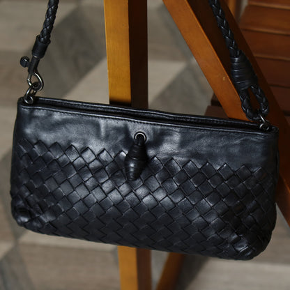 Bottega Veneta Vintage Black Intrecciato Weave Pochette Shoulder Bag