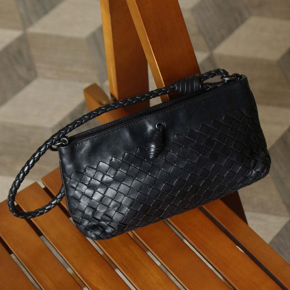 Bottega Veneta Vintage Black Intrecciato Weave Pochette Shoulder Bag