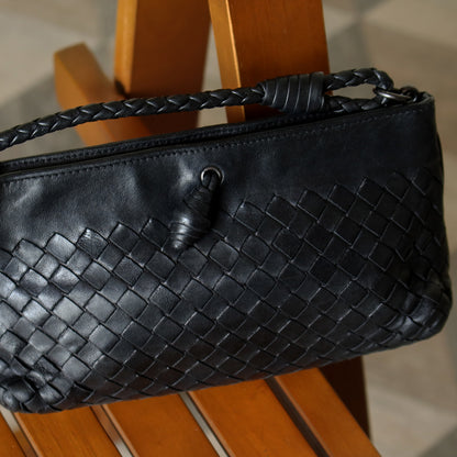 Bottega Veneta Vintage Black Intrecciato Weave Pochette Shoulder Bag