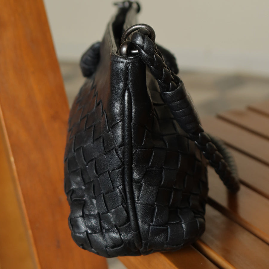 Bottega Veneta Vintage Black Intrecciato Weave Pochette Shoulder Bag