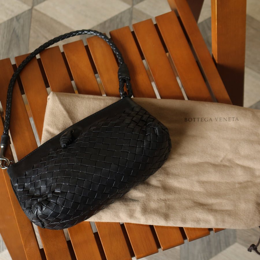 Bottega Veneta Vintage Black Intrecciato Weave Pochette Shoulder Bag