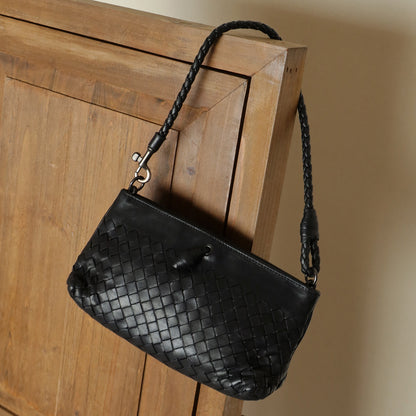 Bottega Veneta Vintage Black Intrecciato Weave Pochette Shoulder Bag