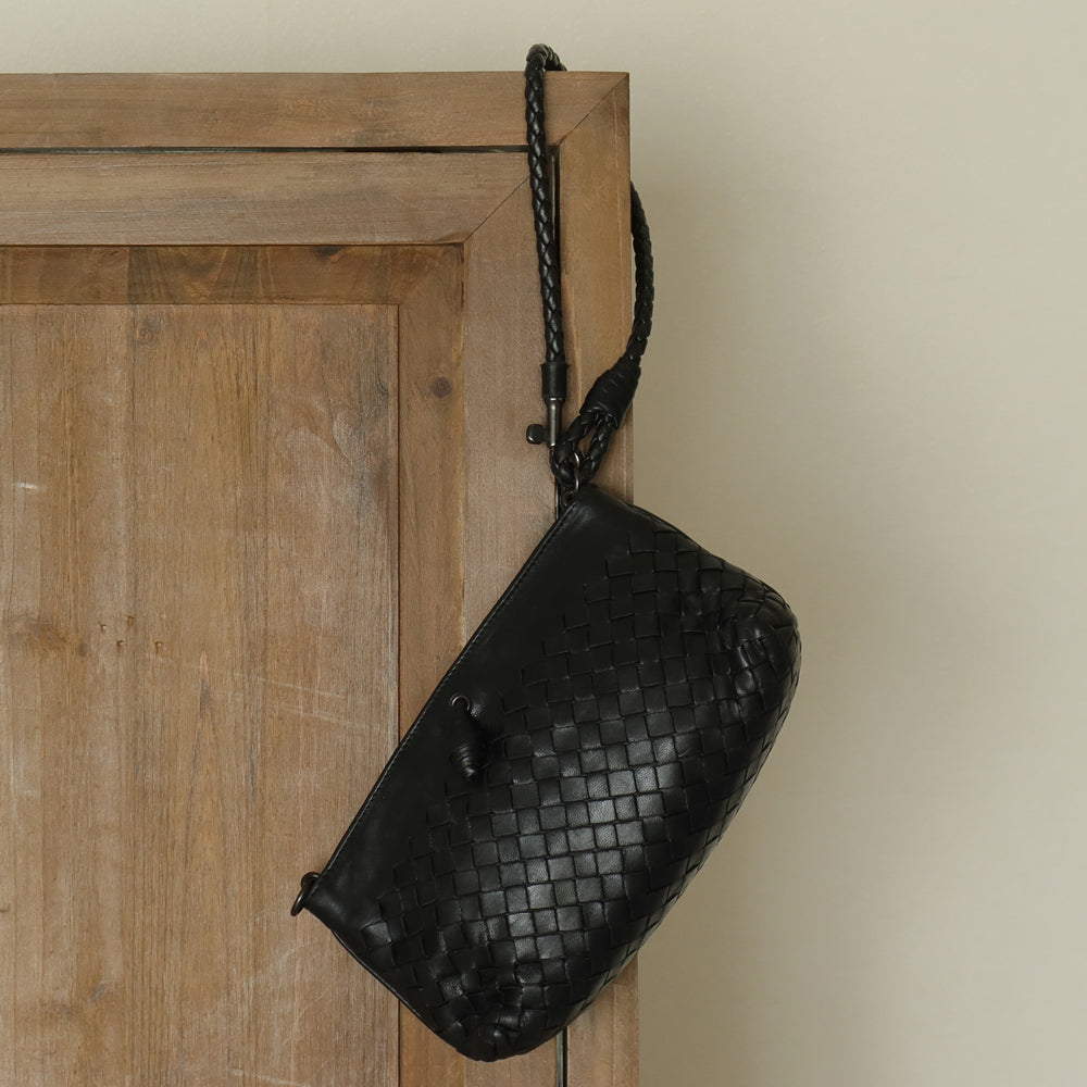 Bottega Veneta Vintage Black Intrecciato Weave Pochette Shoulder Bag