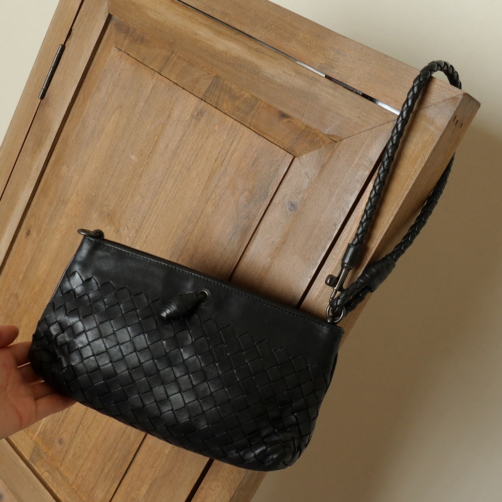 Bottega Veneta Vintage Black Intrecciato Weave Pochette Shoulder Bag