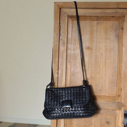 Bottega Veneta Vintage Black Intrecciato Large buckle Pouch Shoulder Bag