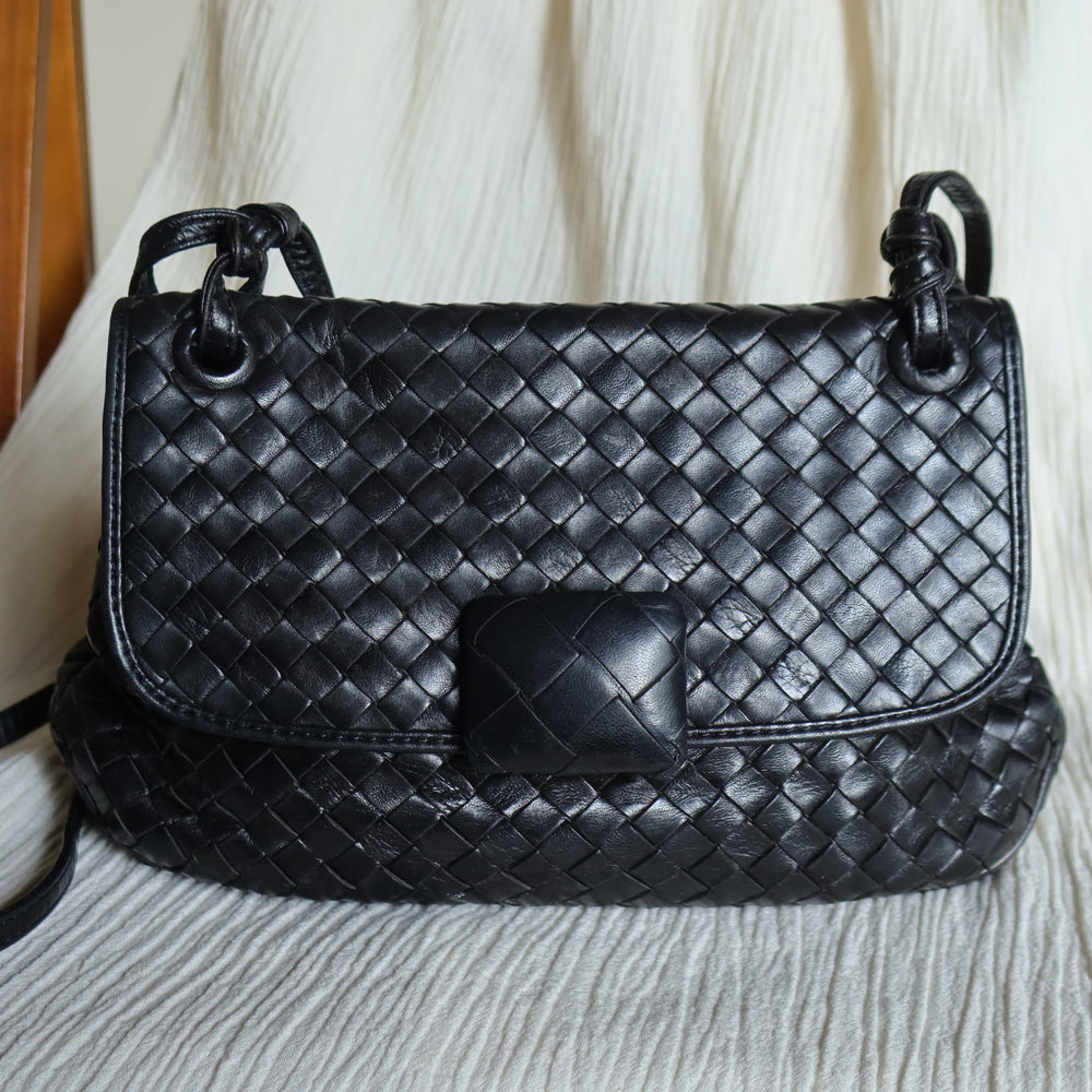 Bottega Veneta Vintage Black Intrecciato Large buckle Pouch Shoulder Bag