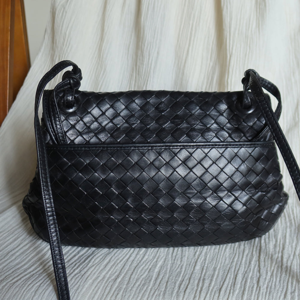 Bottega Veneta Vintage Black Intrecciato Large buckle Pouch Shoulder Bag