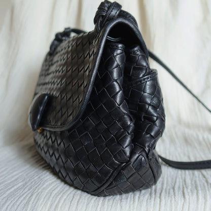 Bottega Veneta Vintage Black Intrecciato Large buckle Pouch Shoulder Bag