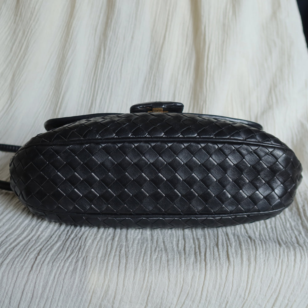 Bottega Veneta Vintage Black Intrecciato Large buckle Pouch Shoulder Bag