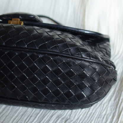 Bottega Veneta Vintage Black Intrecciato Large buckle Pouch Shoulder Bag