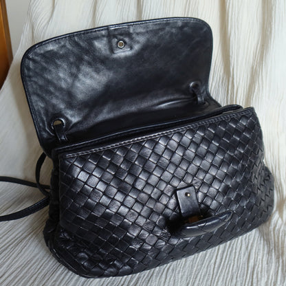 Bottega Veneta Vintage Black Intrecciato Large buckle Pouch Shoulder Bag