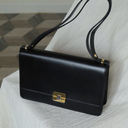 Christian Dior Vintage Gold Hardware Black Box Leather Shoulder Bag