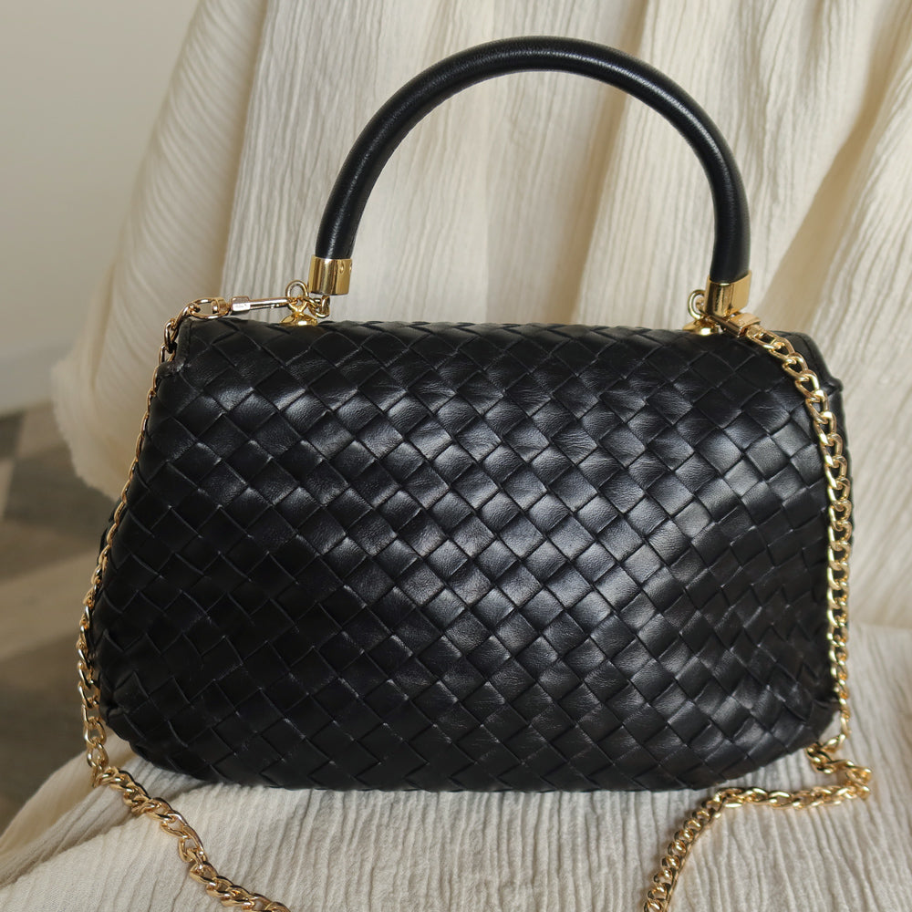 Bottega Veneta Vintage Black Intrecciato Weave Turn Lock Hand Bag