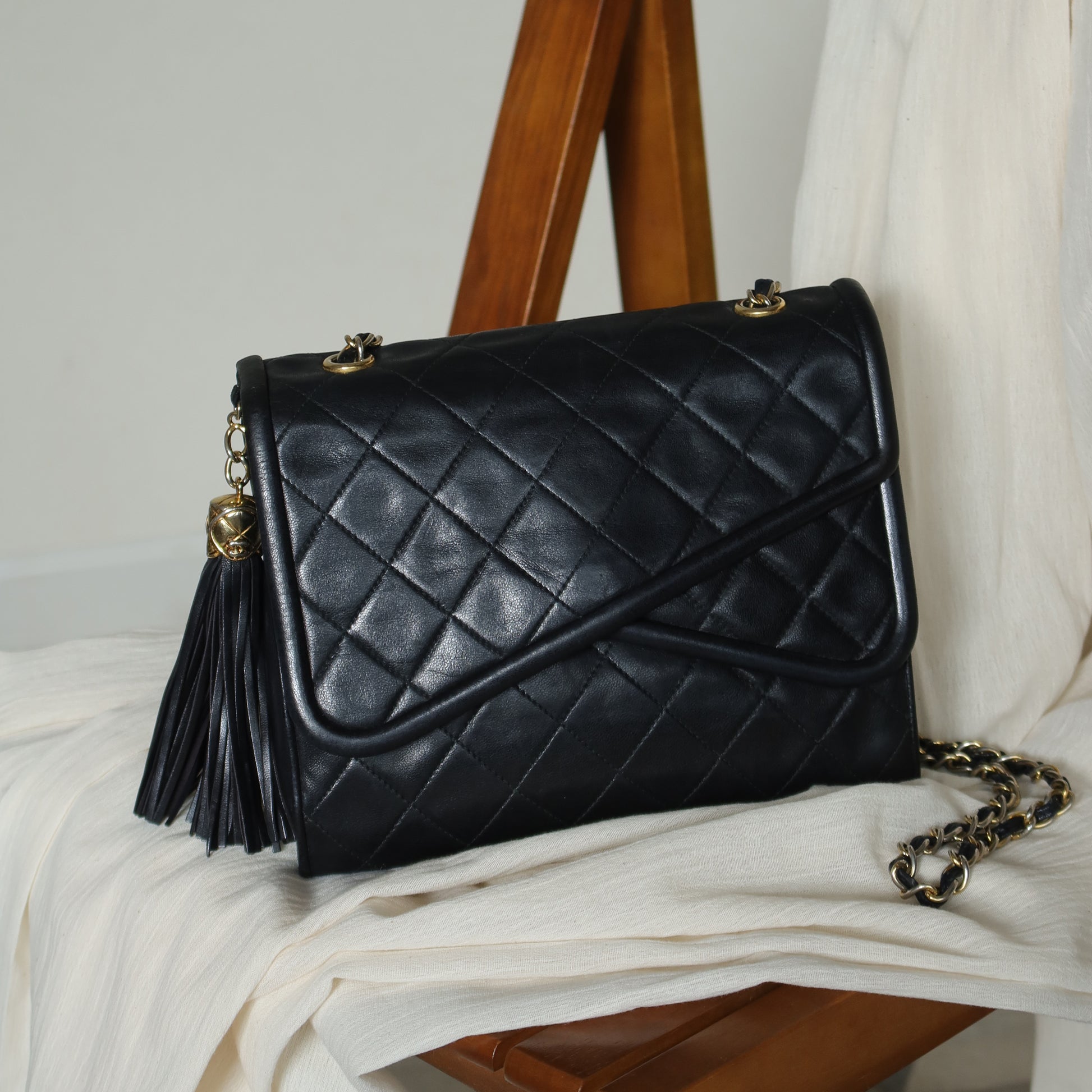 Chanel Vintage Tassel Asymmetrical Double Flap Bag