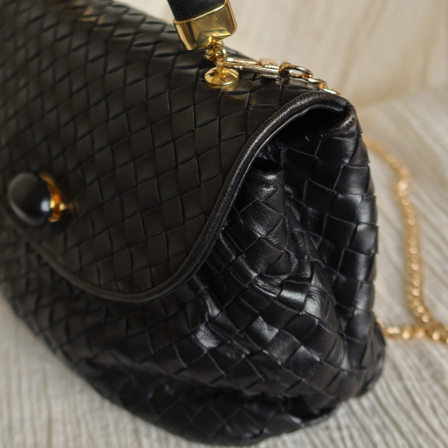 Bottega Veneta Vintage Black Intrecciato Weave Turn Lock Hand Bag