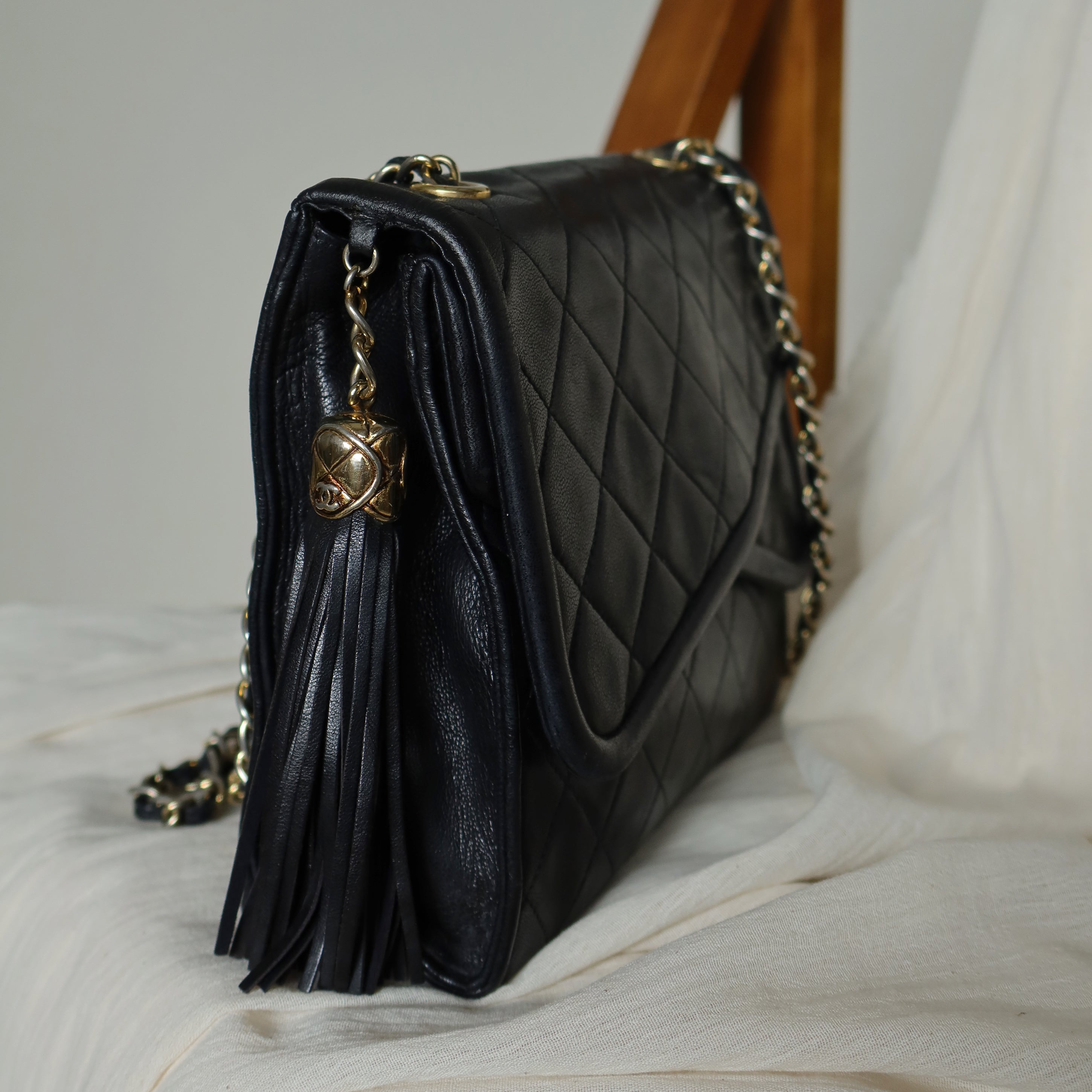 Chanel Vintage Tassel Asymmetrical Double Flap Bag - The Tanpopo Room