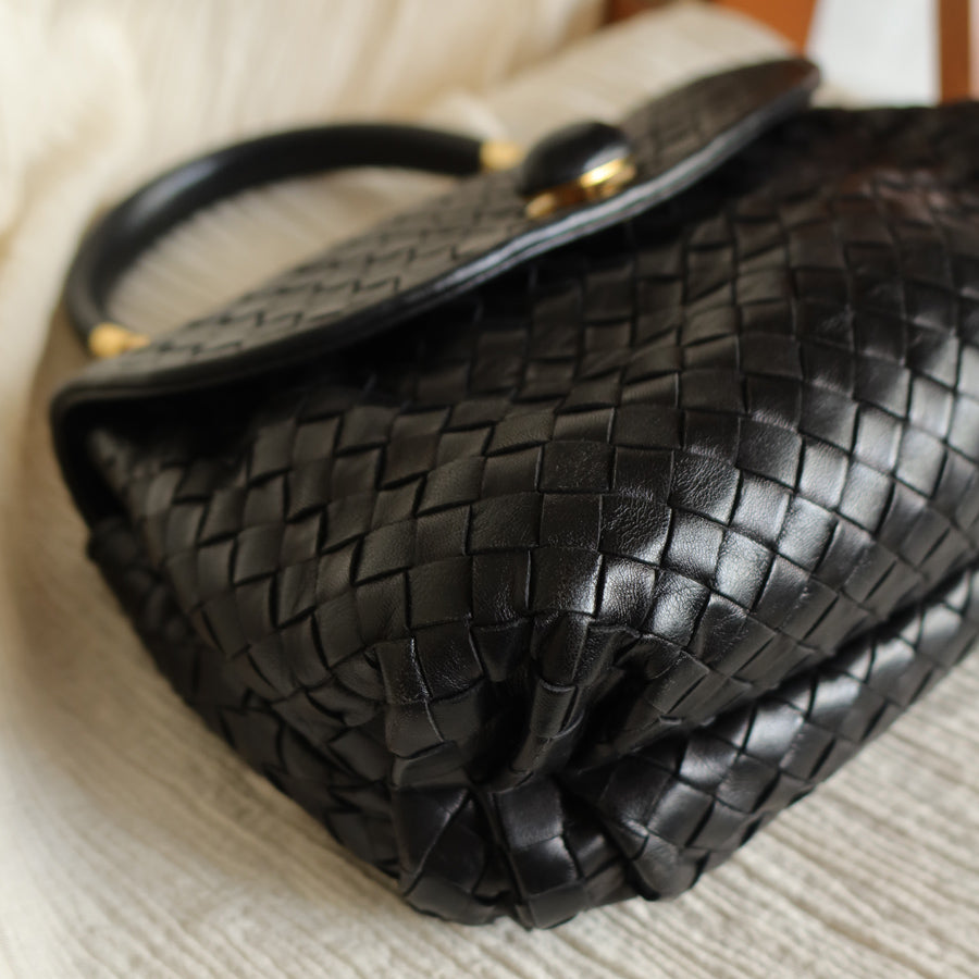 Bottega Veneta Vintage Black Intrecciato Weave Turn Lock Hand Bag