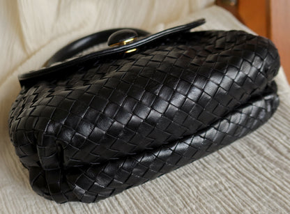 Bottega Veneta Vintage Black Intrecciato Weave Turn Lock Hand Bag