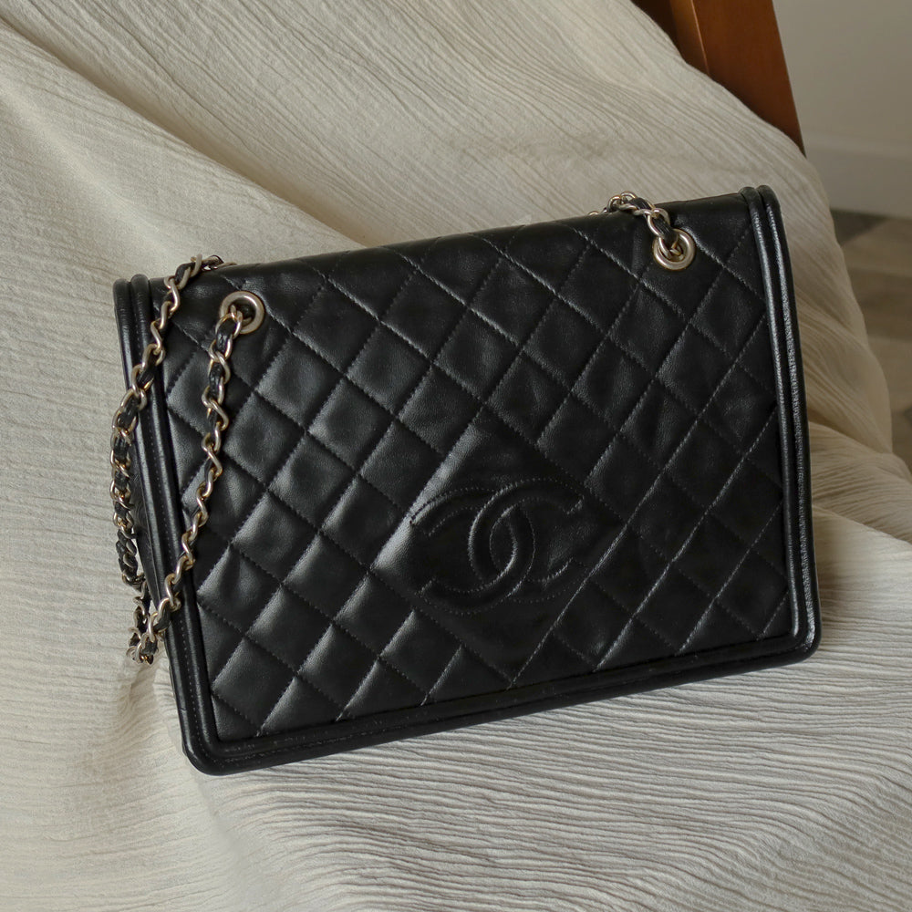 Chanel Vintage Black Lambskin Quilted CC Double Chain Flap Bag