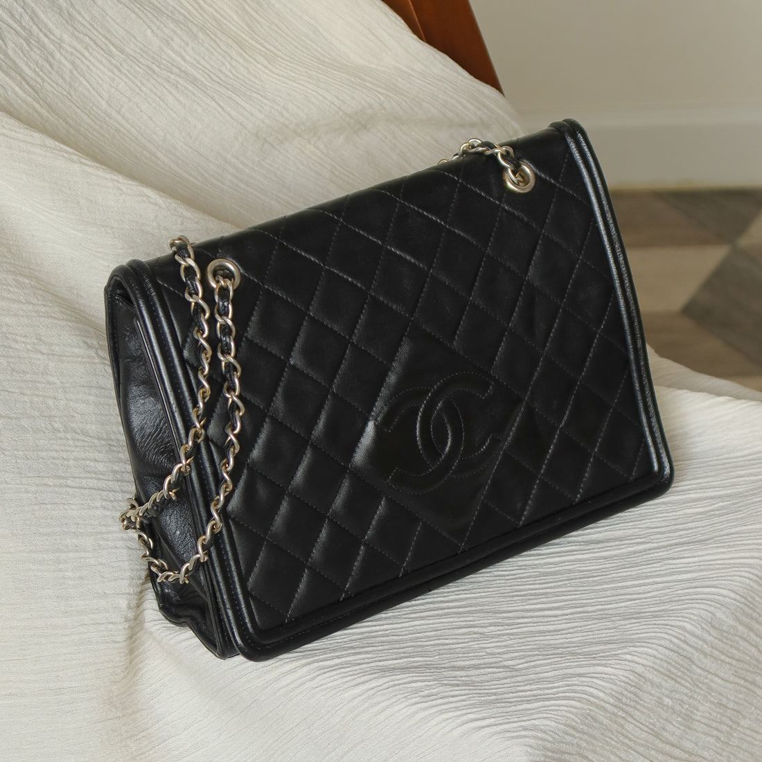 Chanel Vintage Black Lambskin Quilted CC Double Chain Flap Bag