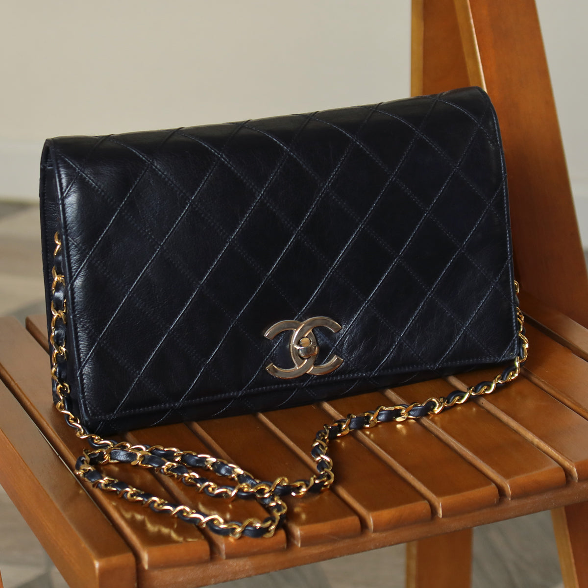 Vintage Chanel Black Calfskin Matelasse CC Turn lock Classic Flap Bag