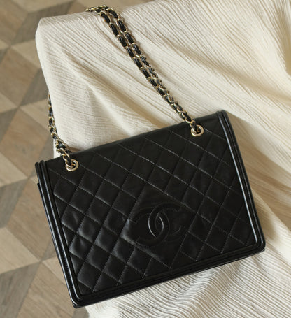 Chanel Vintage Black Lambskin Quilted CC Double Chain Flap Bag