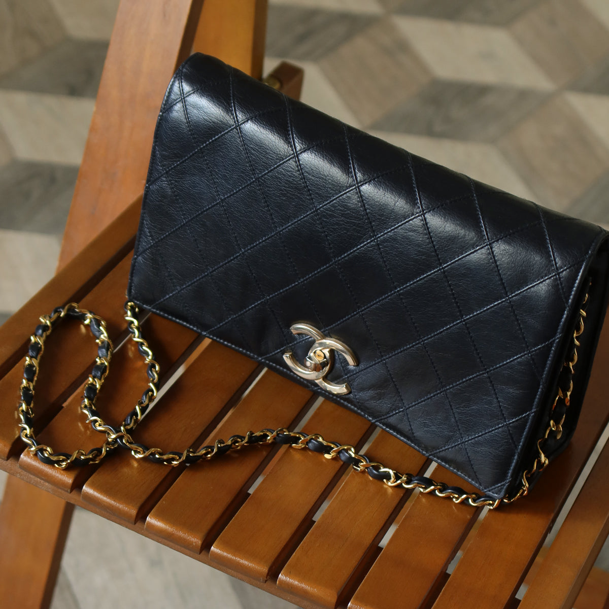 Vintage Chanel Black Calfskin Matelasse CC Turn lock Classic Flap Bag