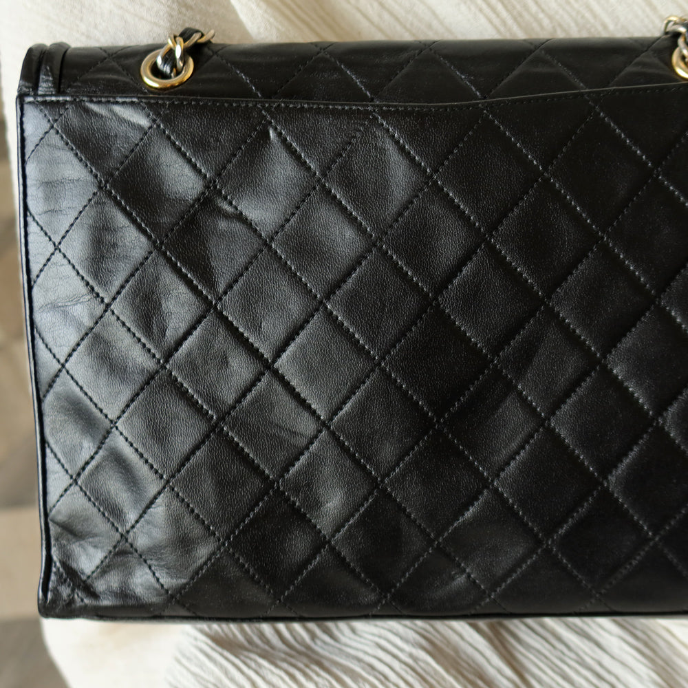 Chanel Vintage Black Lambskin Quilted CC Double Chain Flap Bag