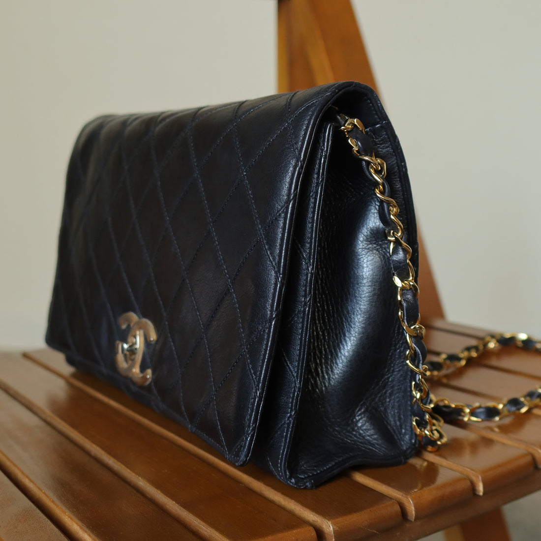 Vintage Chanel Black Calfskin Matelasse CC Turn lock Classic Flap Bag