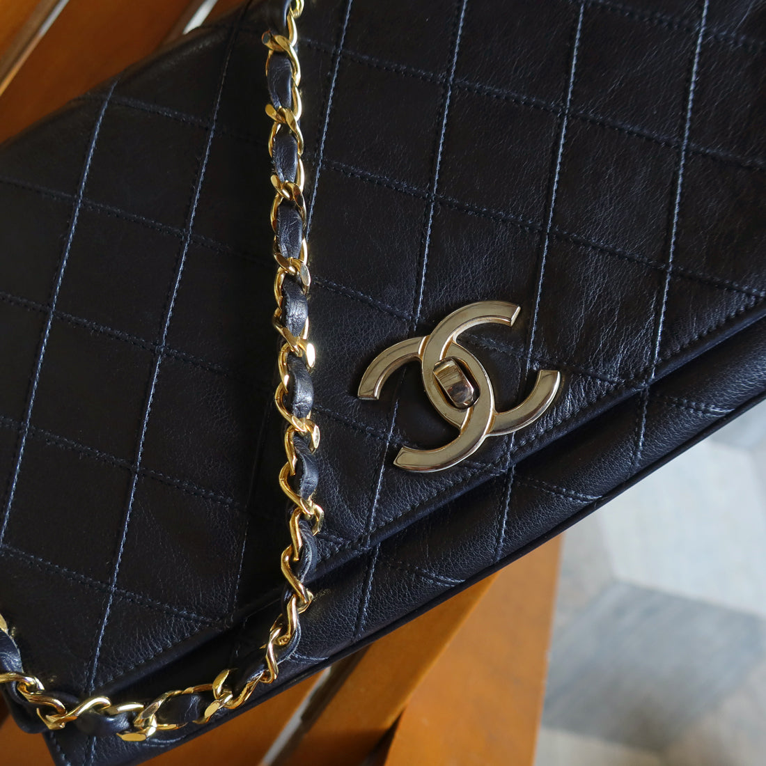 Vintage Chanel Black Calfskin Matelasse CC Turn lock Classic Flap Bag