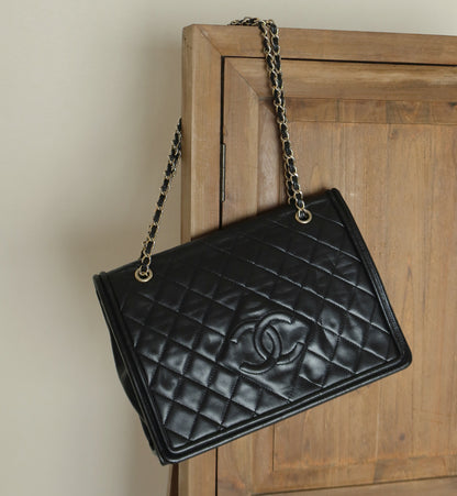 Chanel Vintage Black Lambskin Quilted CC Double Chain Flap Bag