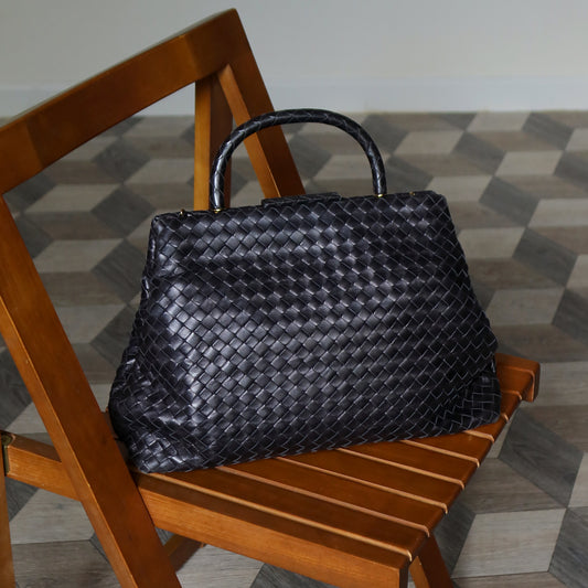 Bottega Veneta Vintage Black Intrecciato Kiss Lock 2way Bag