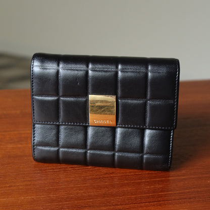 Chanel Vintage Chocolate Bar Black Lambskin Flap Tri-fold Wallet