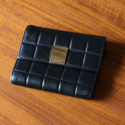 Chanel Vintage Chocolate Bar Black Lambskin Flap Tri-fold Wallet