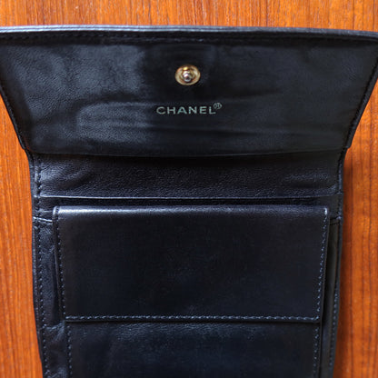 Chanel Vintage Chocolate Bar Black Lambskin Flap Tri-fold Wallet