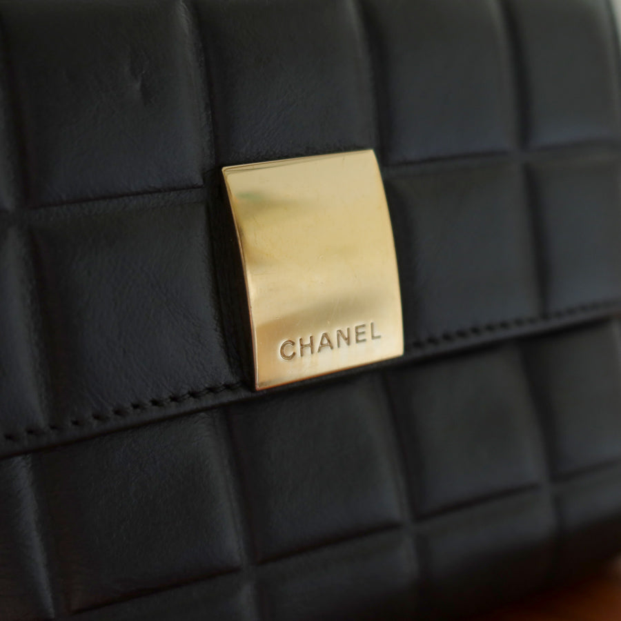 Chanel Vintage Chocolate Bar Black Lambskin Flap Tri-fold Wallet