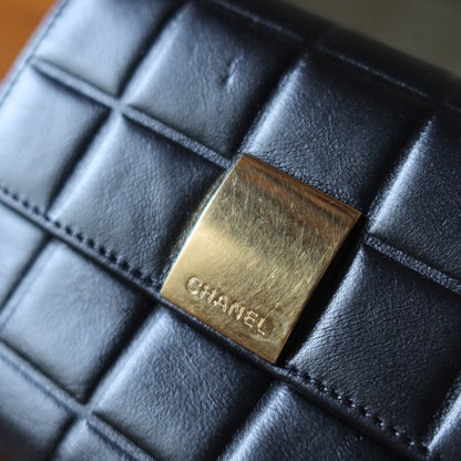 Chanel Vintage Chocolate Bar Black Lambskin Flap Tri-fold Wallet