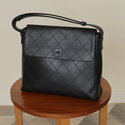 Chanel Vintage Black Lambskin Quilted CC Turn lock Shoulder Bag