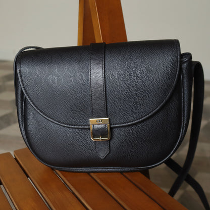 Christian Dior Vintage Black Leather Monogram Flap Shoulder Bag