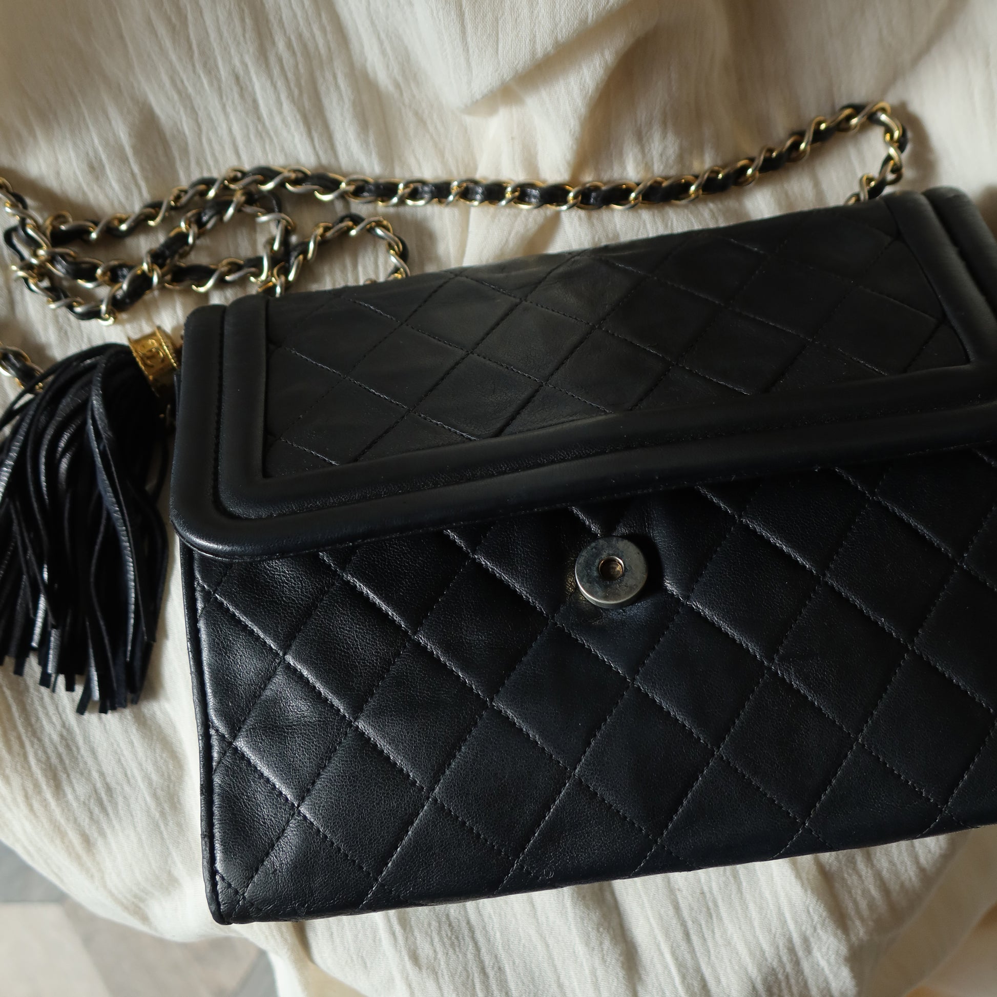 Chanel Vintage Gold Chain Tassel Black Lambskin Flap Bag