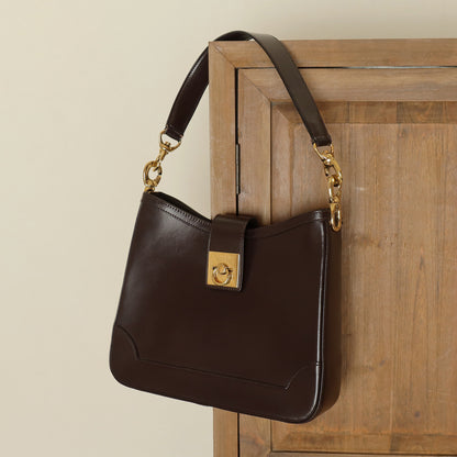 Celine Vintage Dark Brown Gancini Gold Buckle Shoulder Bag