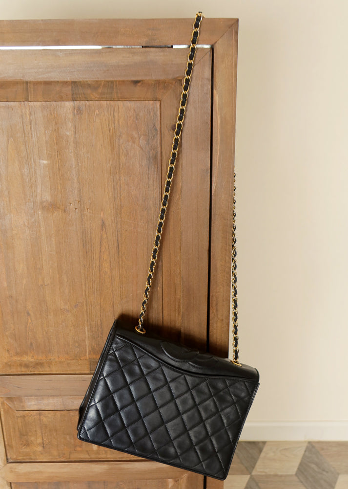 Chanel Vintage Black Lambskin Matelasse Quilted Full Flap Bag