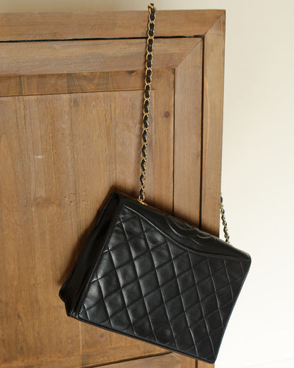 Chanel Vintage Black Lambskin Matelasse Quilted Full Flap Bag