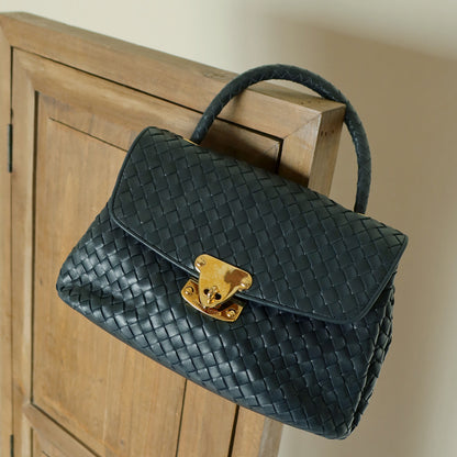 Bottega Veneta Vintage Blue Intrecciato Weave Turn Lock Top Handle Bag