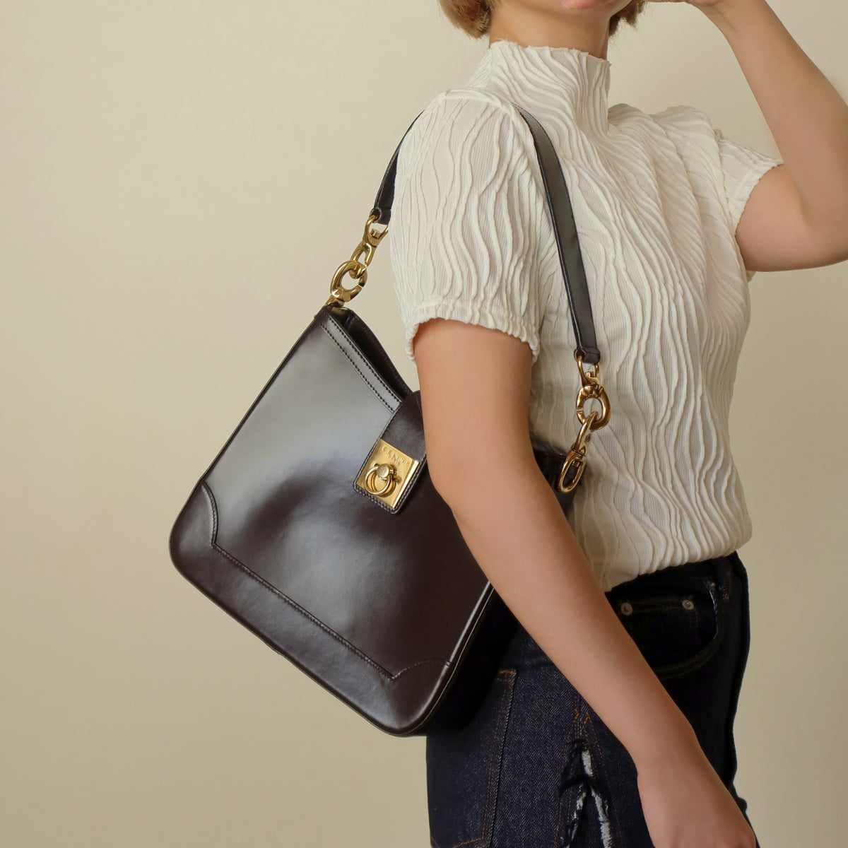 Celine Vintage Dark Brown Gancini Gold Buckle Shoulder Bag