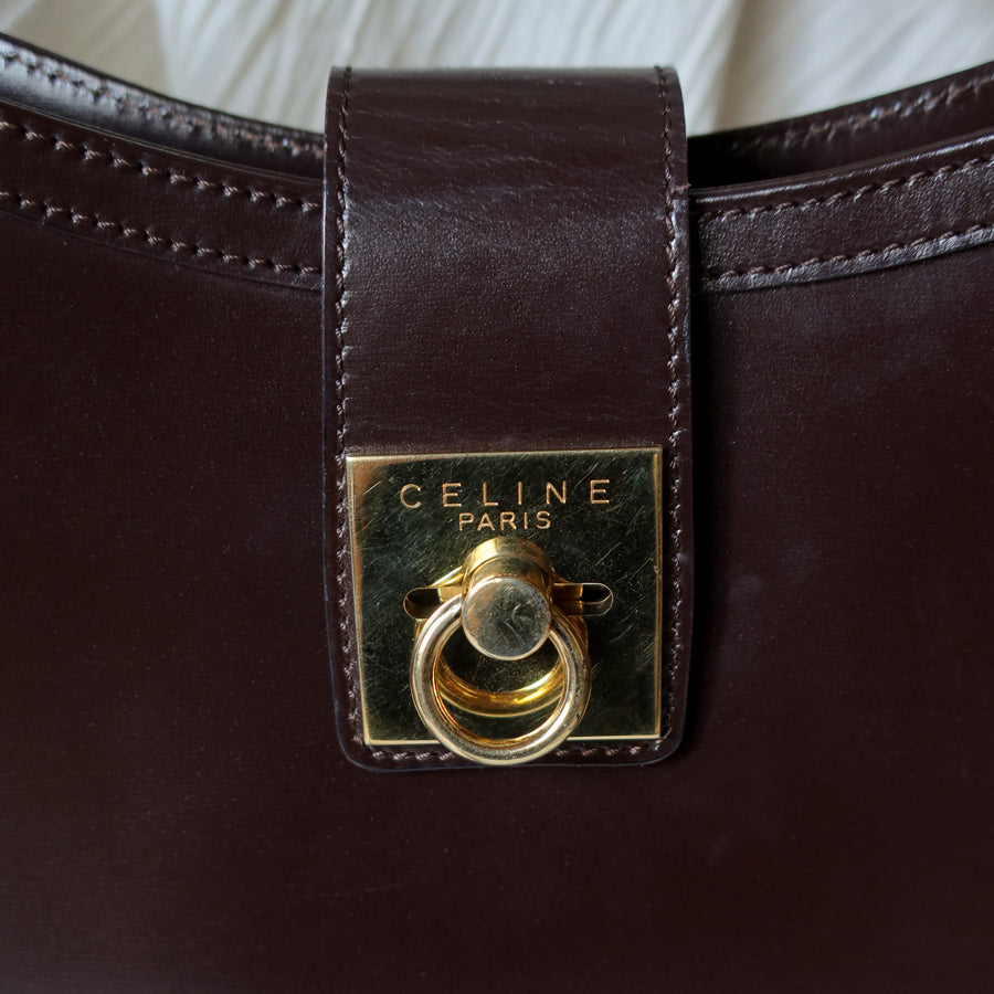 Celine Vintage Dark Brown Gancini Gold Buckle Shoulder Bag